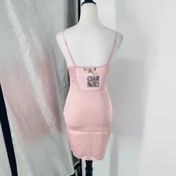 Pink Satin Silk Lace Sleeveless Bustier Bodycon Mini Dress - Picture 12 of 17